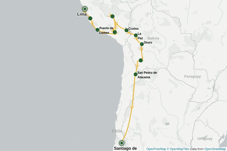 Itinerary Map image for Peru, Bolivia & Chile: Andean Trilogy